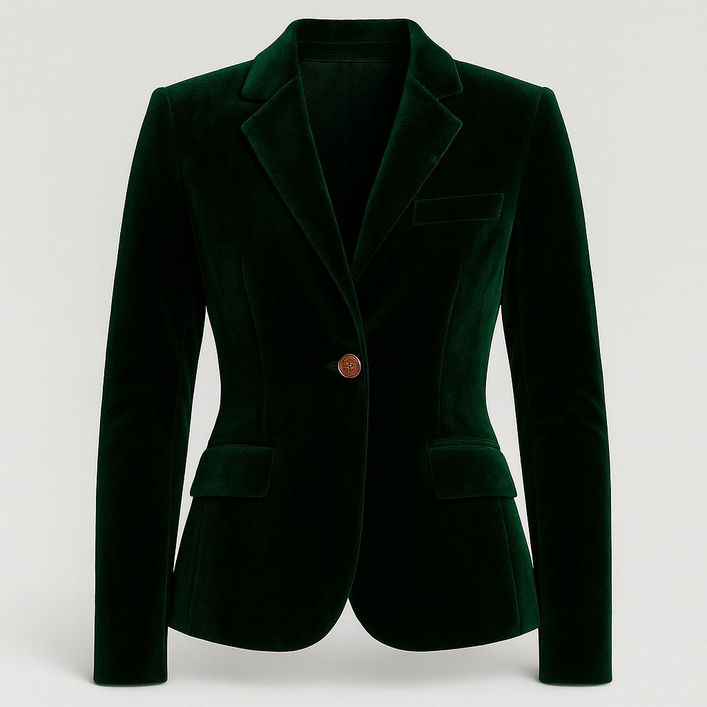 A classic velvet blazer featuring a tailored fit with a single-button closure. It has a notched lapel collar, front welt pockets, and a smooth satin lining, offering a refined and luxurious look ideal for both formal and evening occasions.