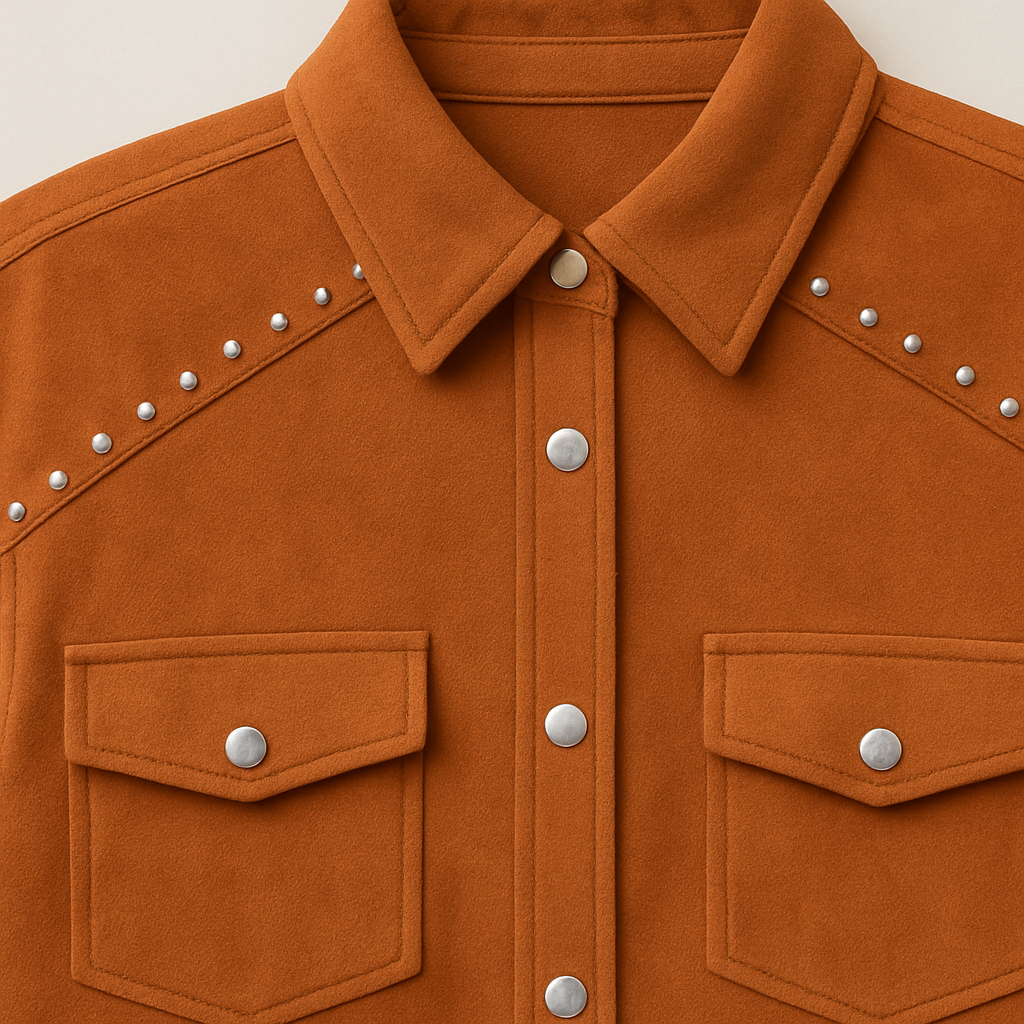 A longline faux suede shirt jacket with silver-tone studs along the shoulders and cuffs, featuring a collared neckline, snap button front, and flap chest pockets.