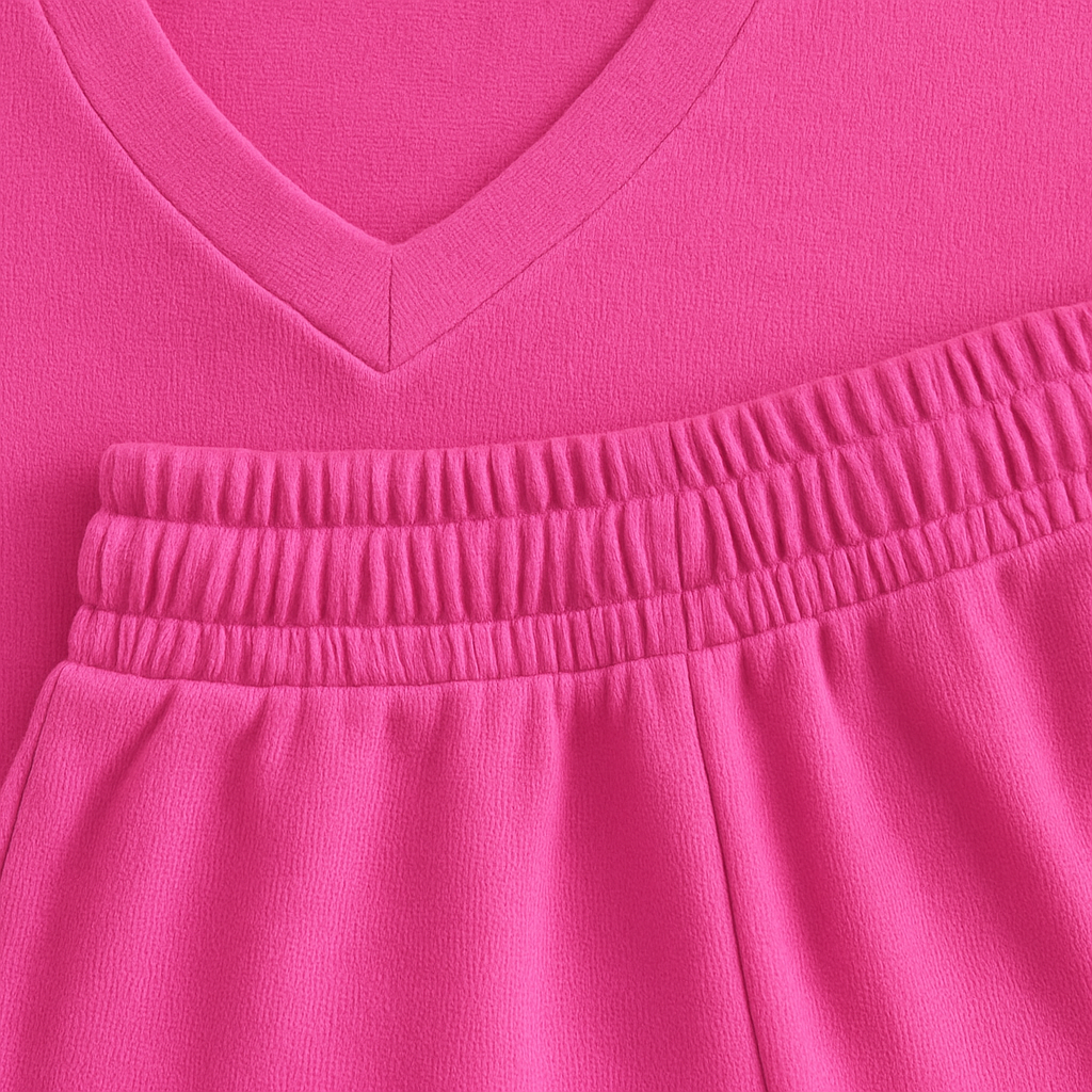 Wide-leg lounge set with relaxed pullover top and elastic waist pants, styled for vibrant casual wear