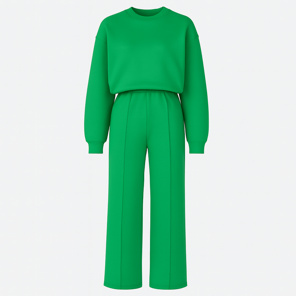 Wide-leg lounge set with relaxed pullover top and elastic waist pants, styled for vibrant casual wear