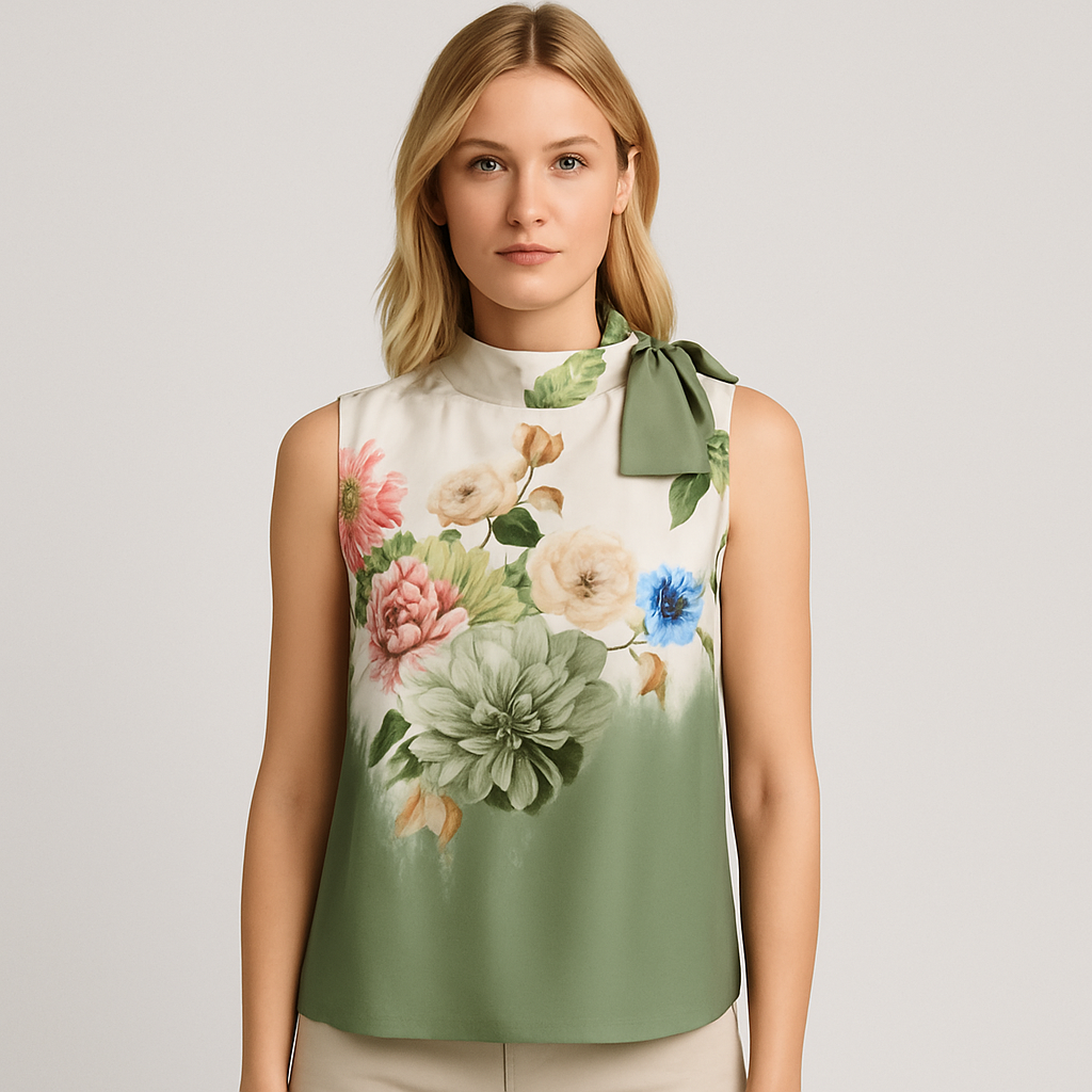 Satin blouse with a high neckline and bow detail, sleeveless cut, relaxed fit, and floral print design.