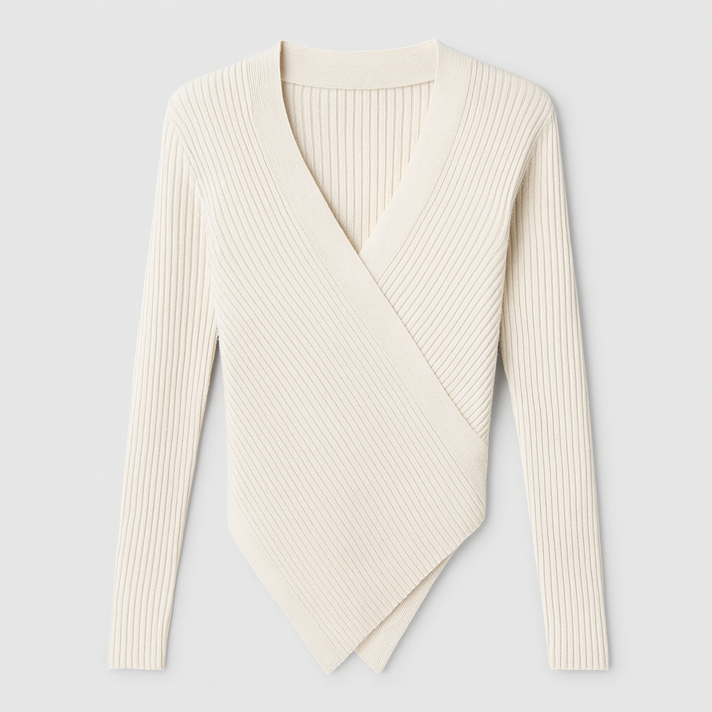 Ribbed knit wrap sweater with long sleeves, deep V-neckline, and asymmetrical hem, designed for modern chic wear