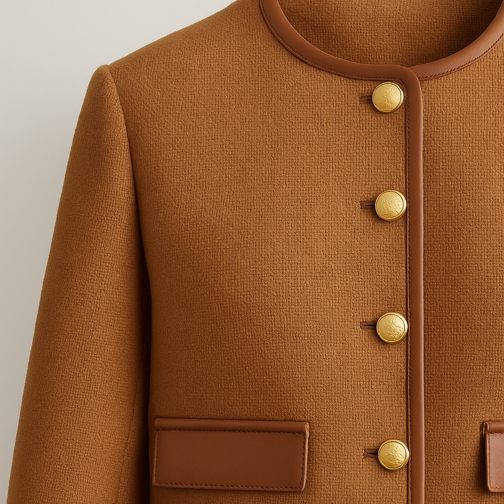 A structured jacket with long sleeves, a round neckline, gold-tone buttons, and faux leather trim.