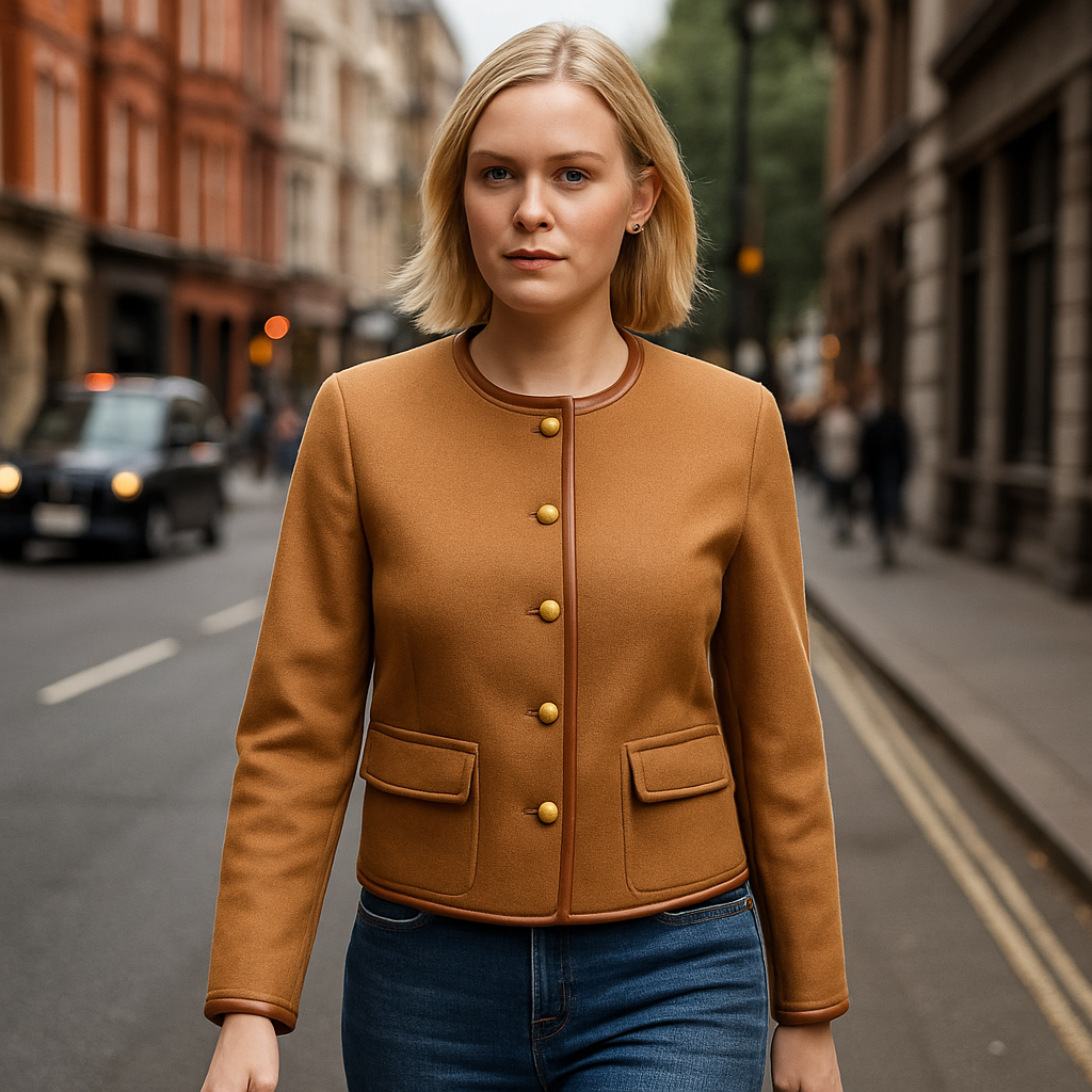 A structured jacket with long sleeves, a round neckline, gold-tone buttons, and faux leather trim.