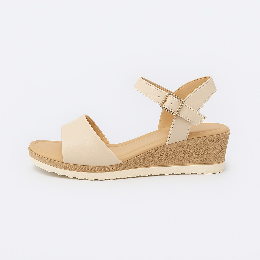 Wedge sandal with ankle strap, buckle closure, and textured midsol