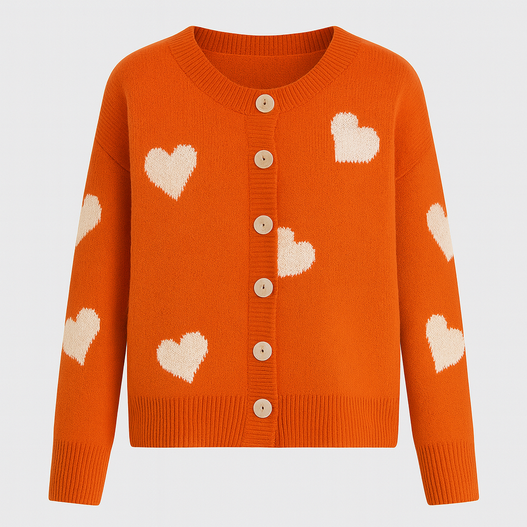 Crewneck cardigan with button-front closure, ribbed hem and cuffs, and playful heart pattern design throughout