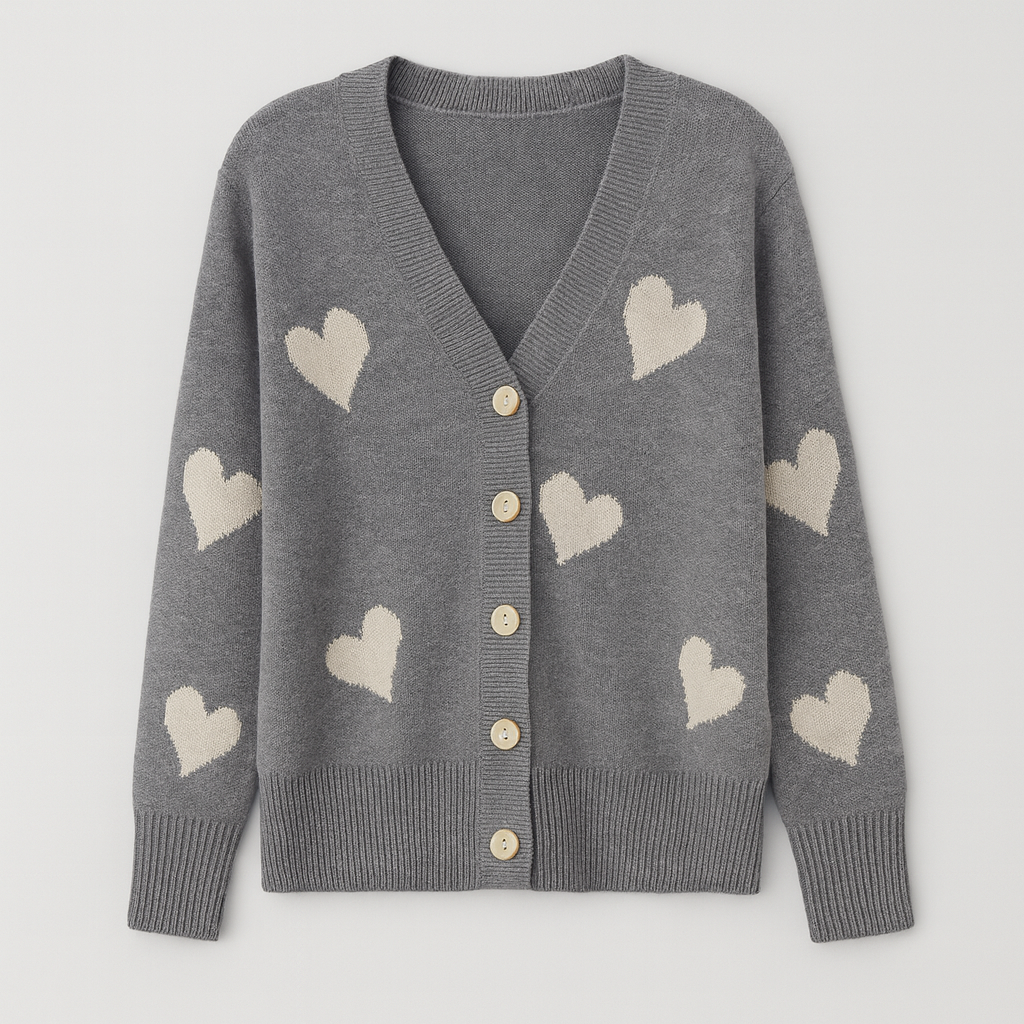 Crewneck cardigan with button-front closure, ribbed hem and cuffs, and playful heart pattern design throughout