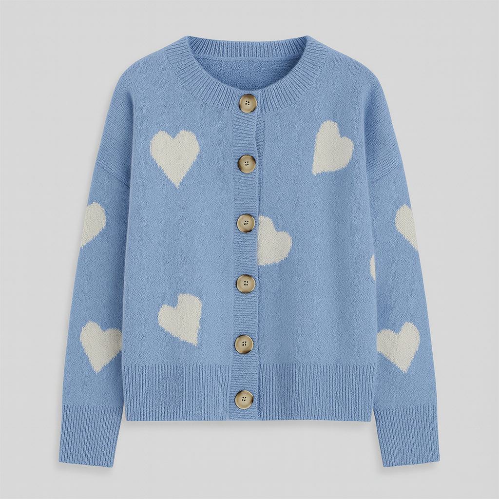 Crewneck cardigan with button-front closure, ribbed hem and cuffs, and playful heart pattern design throughout