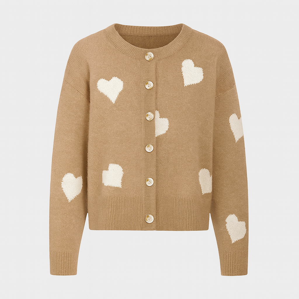 Crewneck cardigan with button-front closure, ribbed hem and cuffs, and playful heart pattern design throughout
