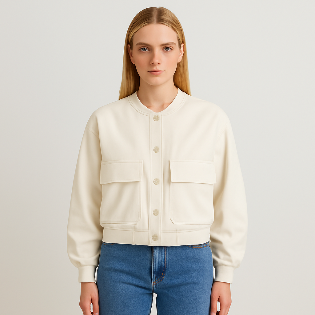 A cropped utility jacket with a round neckline, snap-button front, oversized flap pockets, and long sleeves with elastic cuffs.