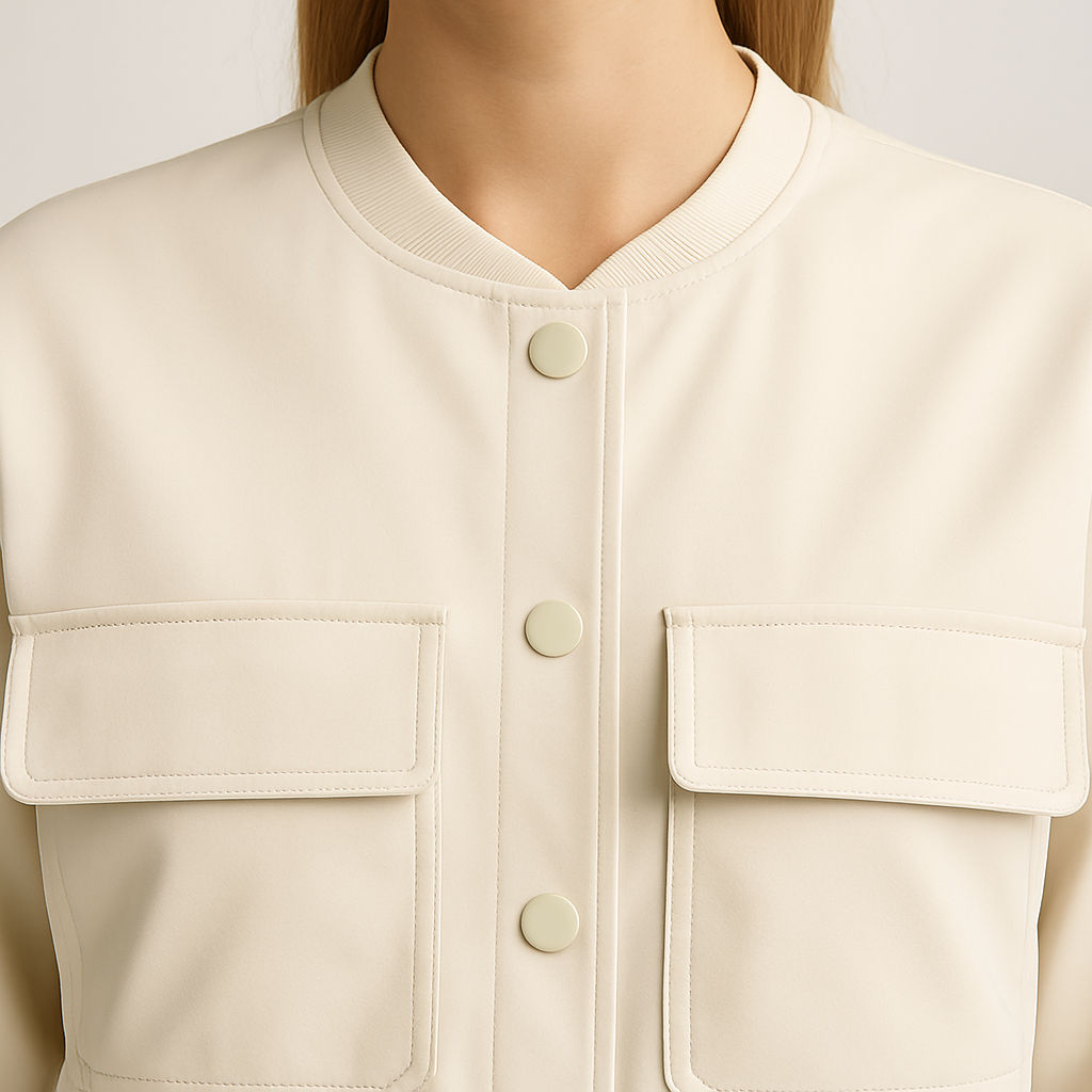 A cropped utility jacket with a round neckline, snap-button front, oversized flap pockets, and long sleeves with elastic cuffs.