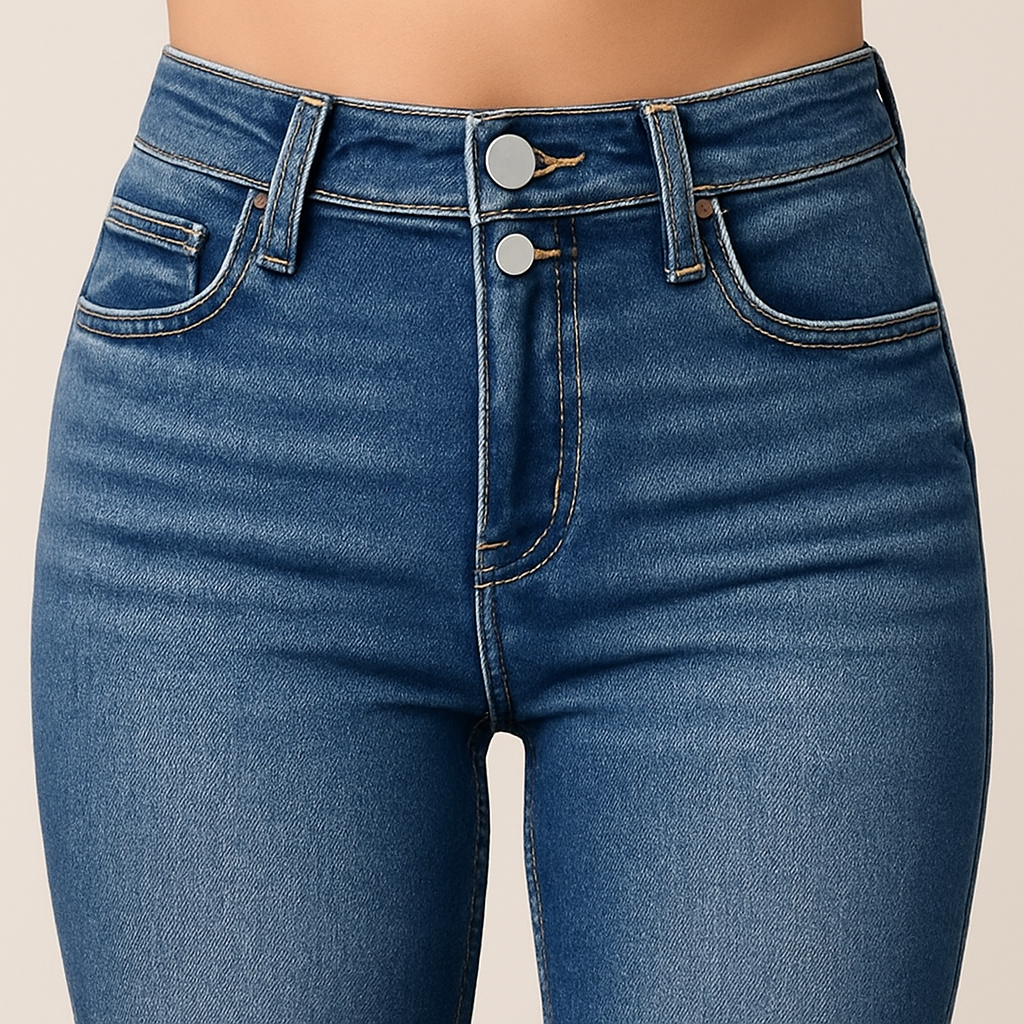 Classic blue high-rise flare jeans with faded wash and full-length silhouette, styled for timeless everyday looks