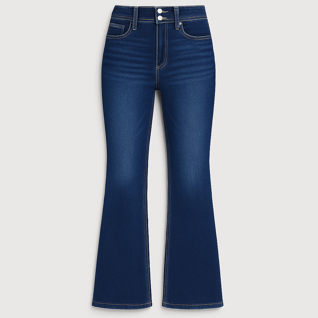 Classic blue high-rise flare jeans with faded wash and full-length silhouette, styled for timeless everyday looks