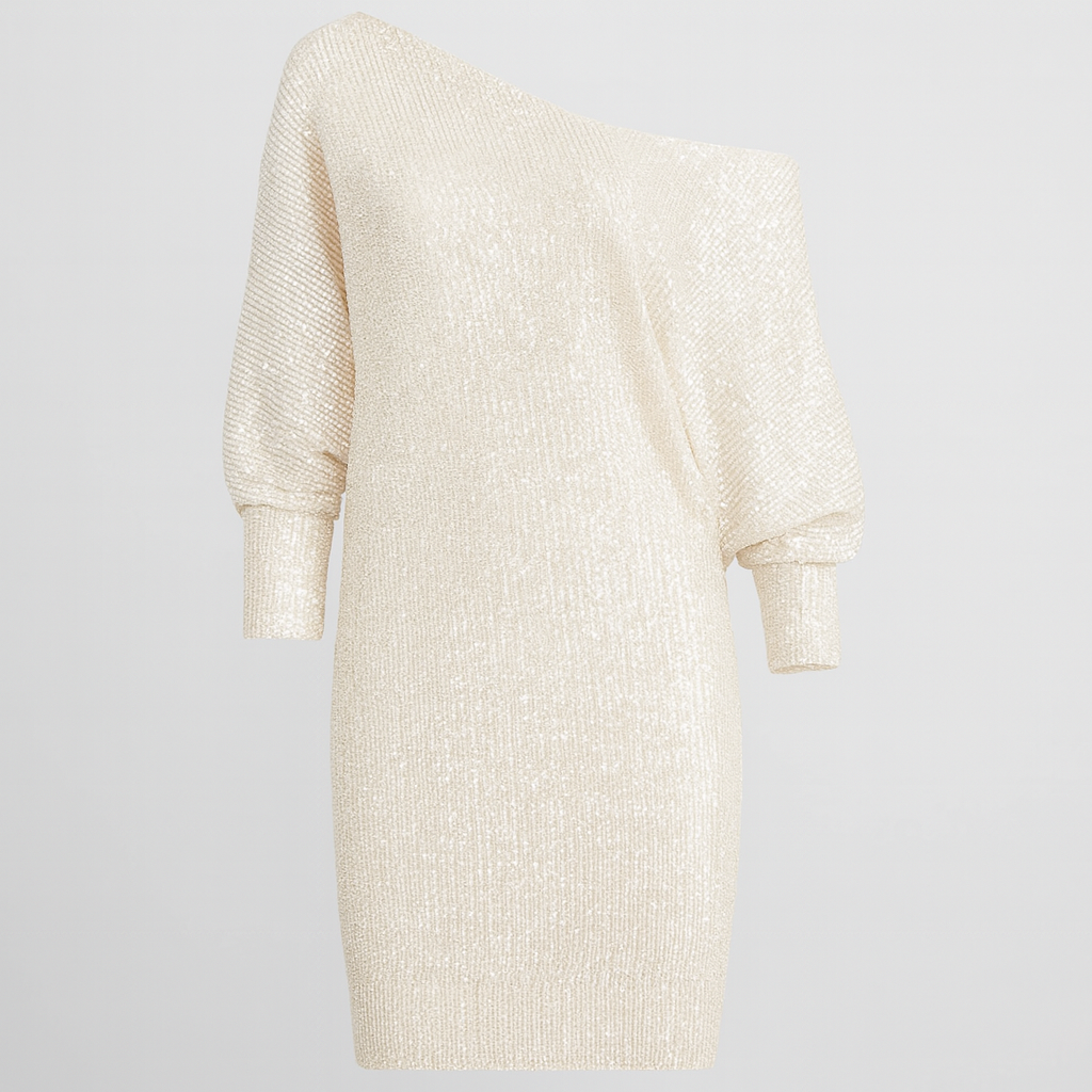 Sequin mini dress with one-shoulder neckline, long sleeves, and straight skirt.