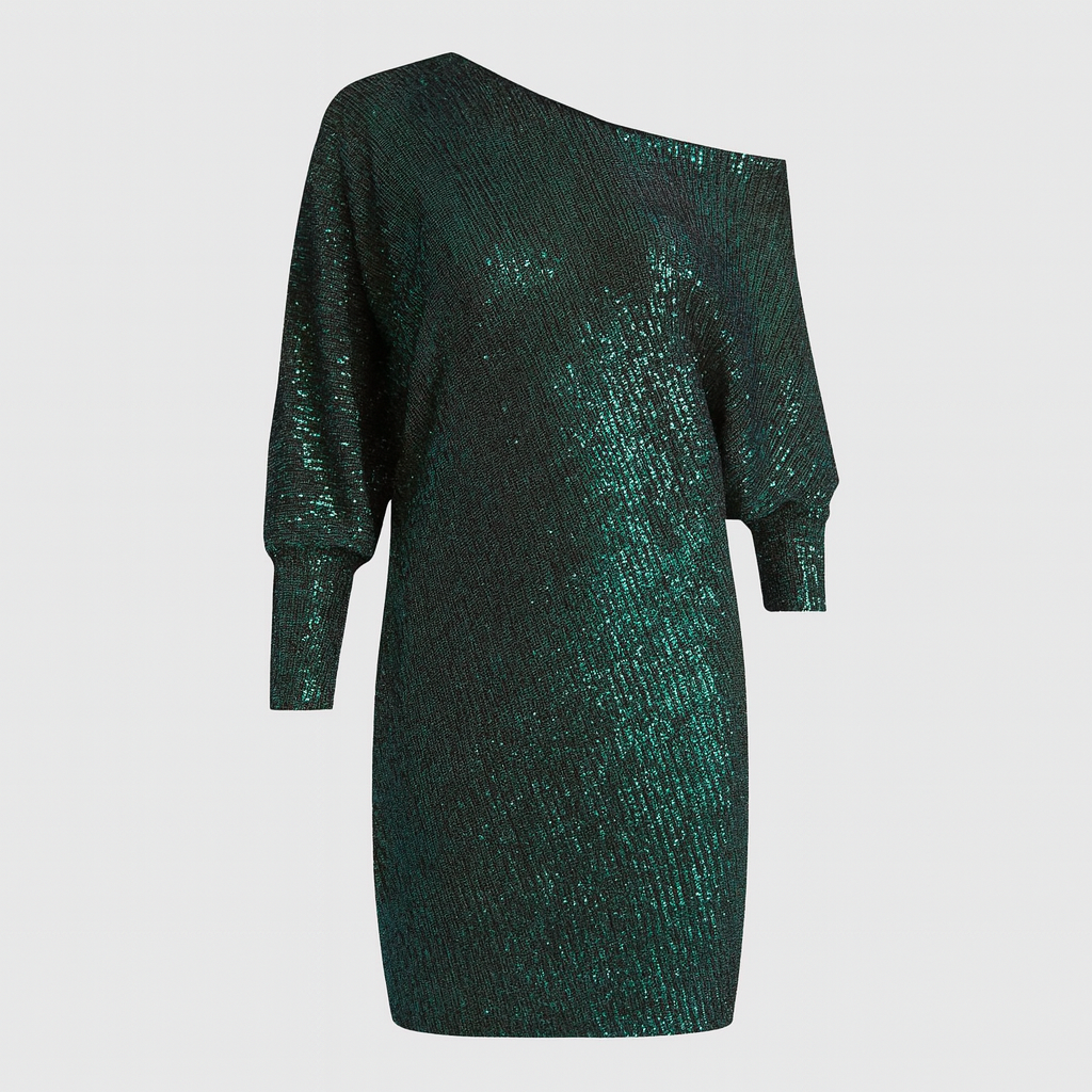Sequin mini dress with one-shoulder neckline, long sleeves, and straight skirt.