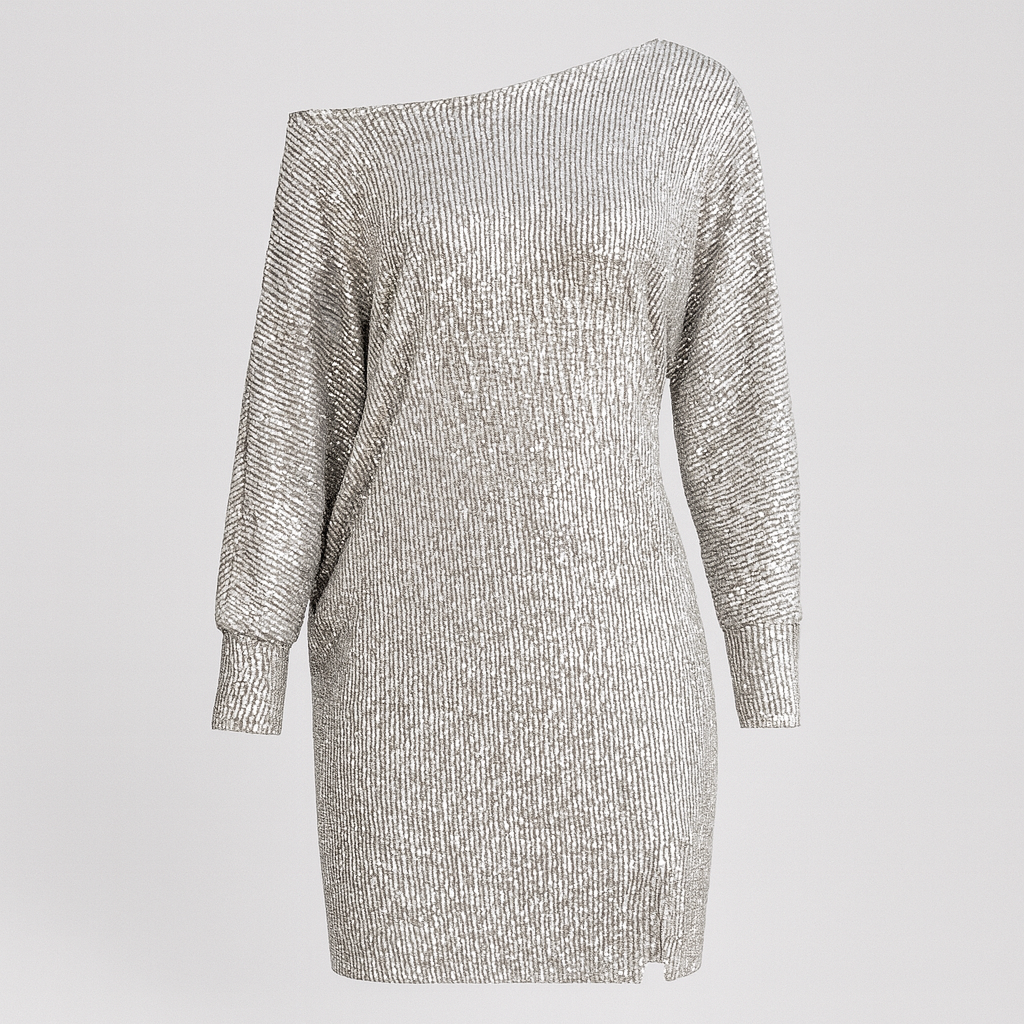 Sequin mini dress with one-shoulder neckline, long sleeves, and straight skirt.