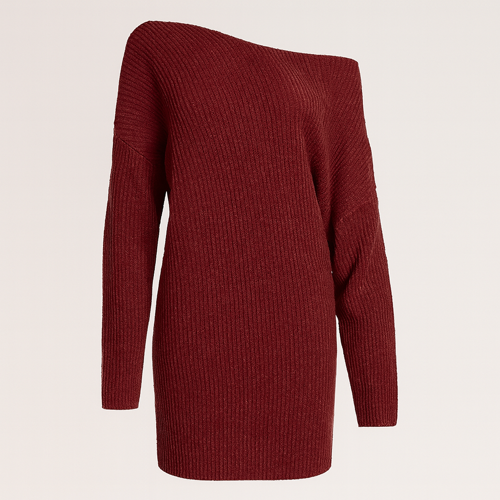 Sequin mini dress with one-shoulder neckline, long sleeves, and straight skirt.