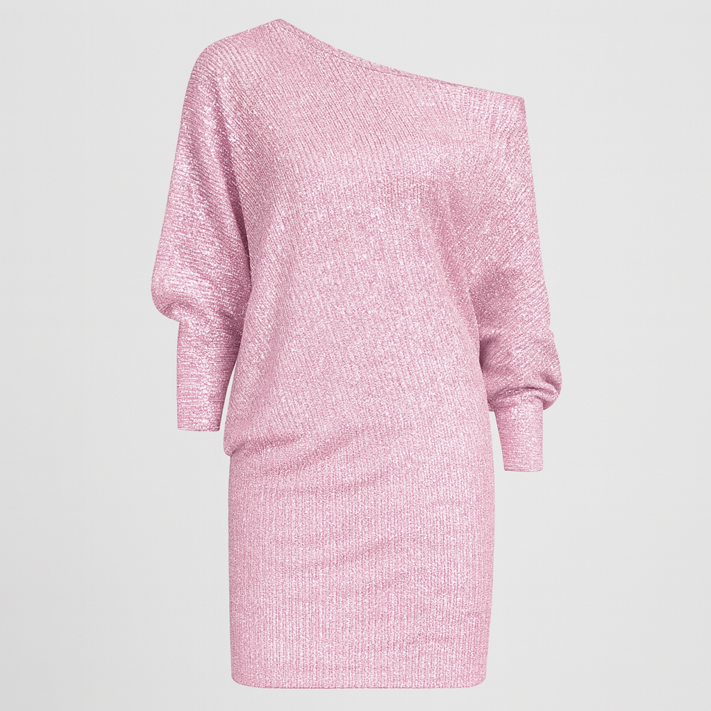 Sequin mini dress with one-shoulder neckline, long sleeves, and straight skirt.