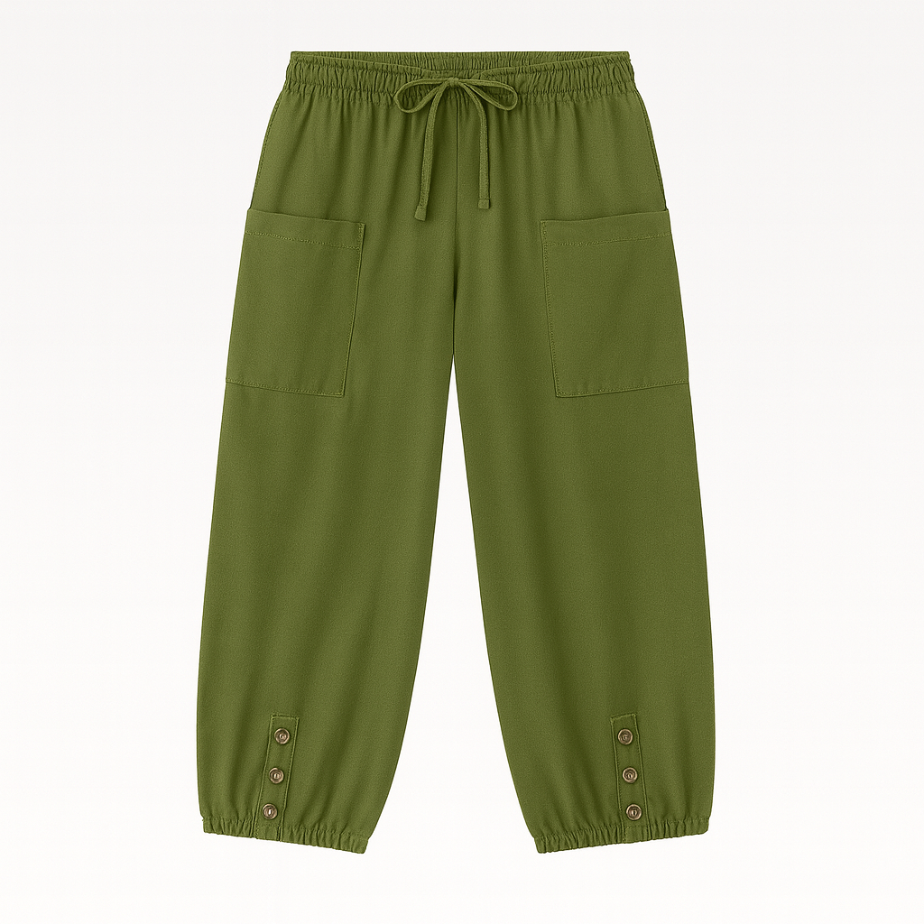 Relaxed jogger pants with elastic waistband, patch pockets, and buttoned hem details, styled for casual everyday wear