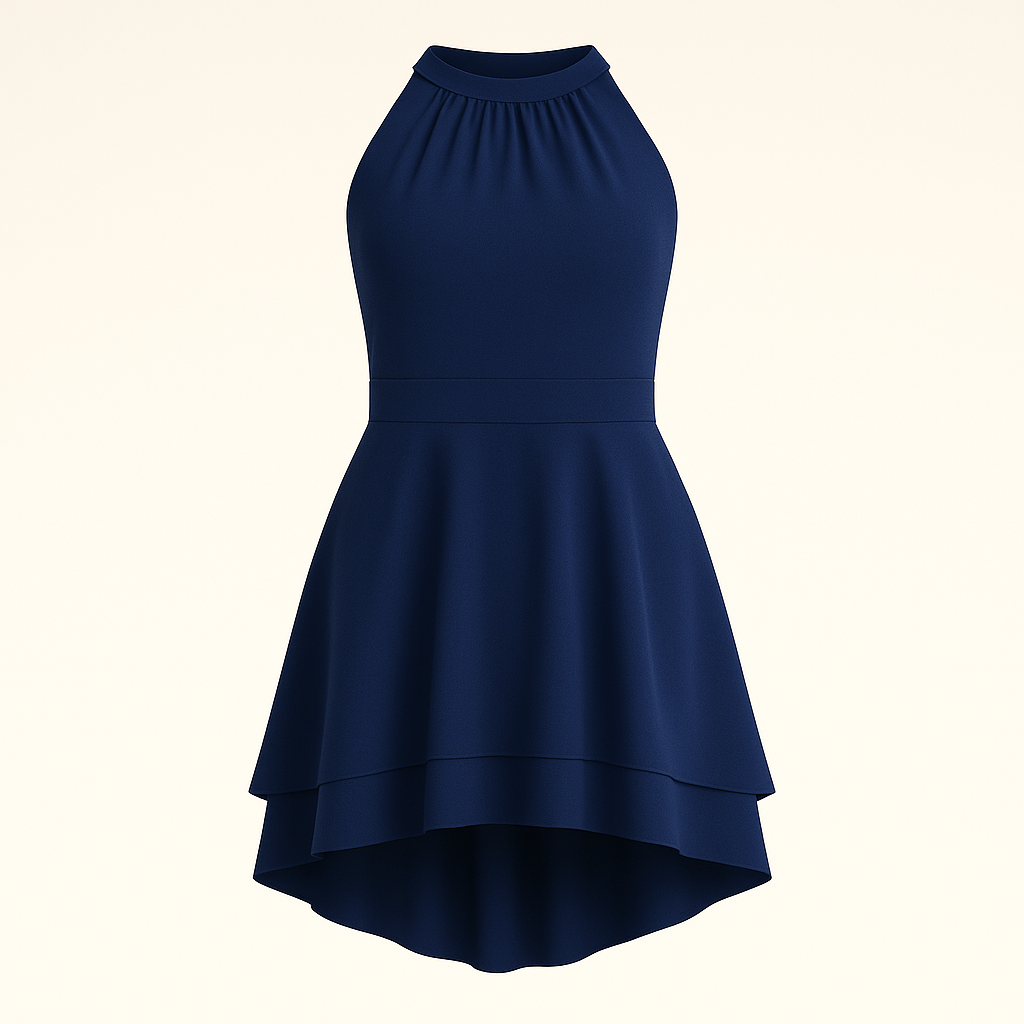 Halter dress with high neckline, fitted bodice, and high-low hem, styled for cocktail and evening wear