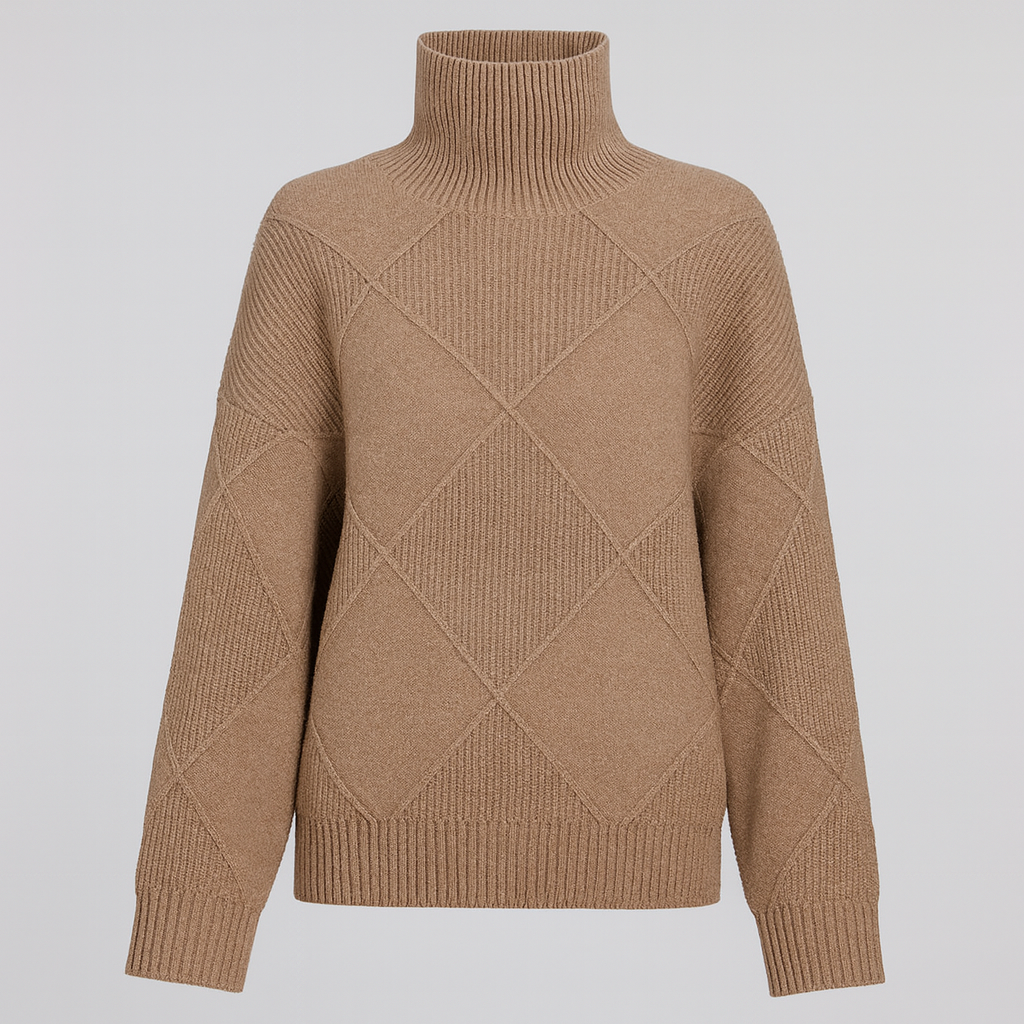 Textured knit turtleneck sweater with long sleeves and geometric diamond pattern.