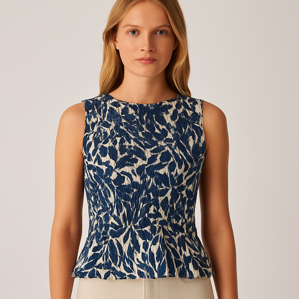 Smocked sleeveless top with blue leaf print on a cream base, featuring a fitted silhouette and round neckline.