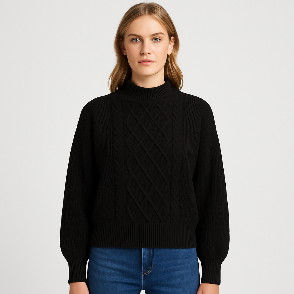 A black cable knit sweater with a diamond cable pattern on the front, balloon sleeves, and ribbed hem