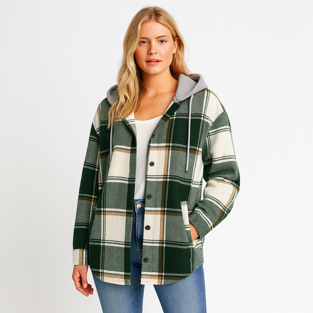 A plaid button-up shacket featuring a relaxed fit, front pockets, and a gray hood with drawstrings. The cozy layered design combines a flannel shirt and hoodie style for a casual, comfortable look.