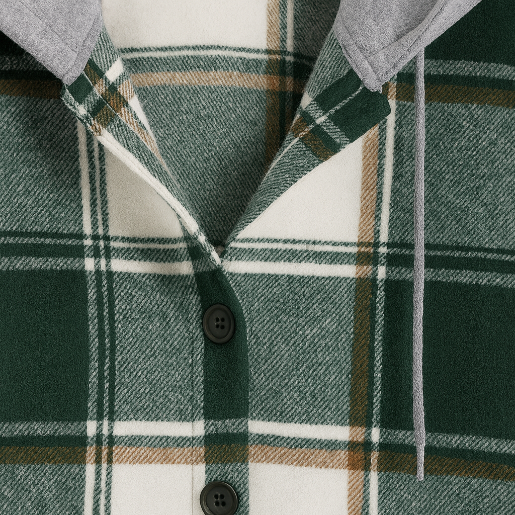 A plaid button-up shacket featuring a relaxed fit, front pockets, and a gray hood with drawstrings. The cozy layered design combines a flannel shirt and hoodie style for a casual, comfortable look.