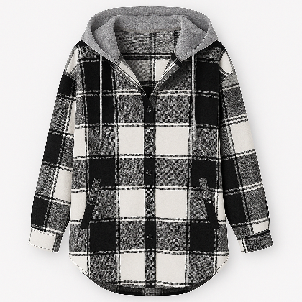 A plaid button-up shacket featuring a relaxed fit, front pockets, and a gray hood with drawstrings. The cozy layered design combines a flannel shirt and hoodie style for a casual, comfortable look.