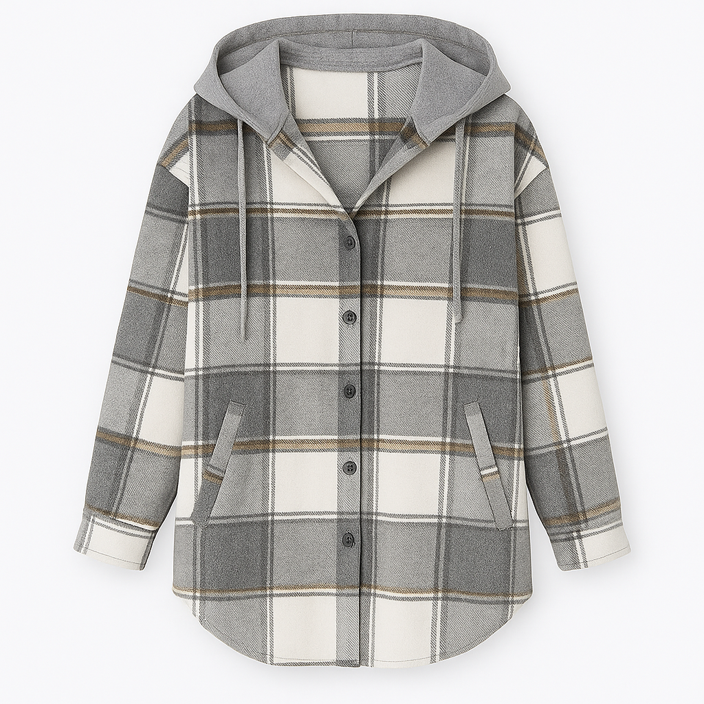 A plaid button-up shacket featuring a relaxed fit, front pockets, and a gray hood with drawstrings. The cozy layered design combines a flannel shirt and hoodie style for a casual, comfortable look.