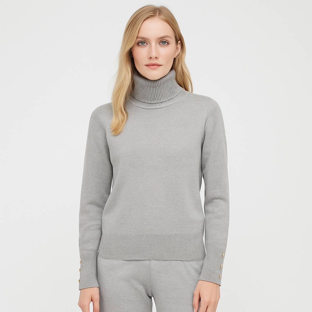 A light grey turtleneck sweater with ribbed neckline, ribbed hem, and decorative button cuffs