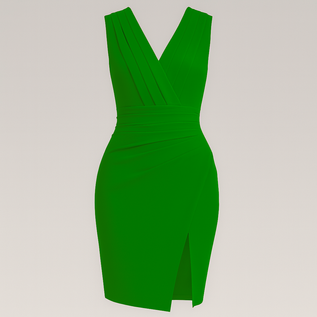 Sleeveless wrap dress with pleated V-neckline, fitted waist, draped skirt, and front slit.