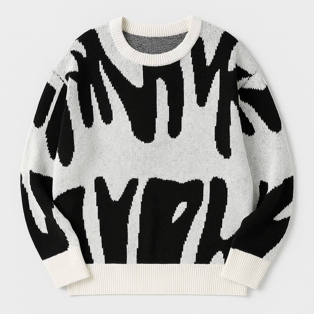 Knit sweater with bold abstract pattern, crew neckline, and ribbed cuffs designed for modern casual wear