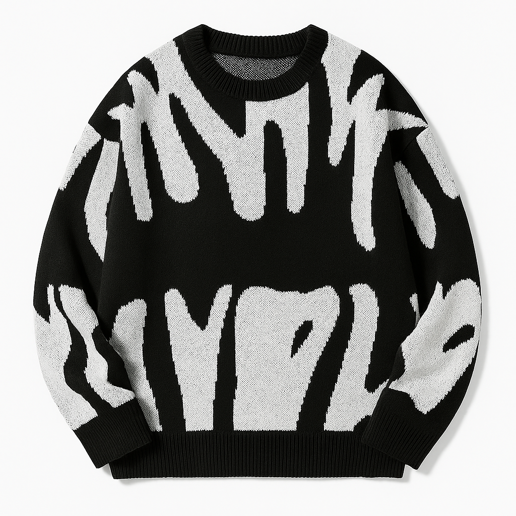 Knit sweater with bold abstract pattern, crew neckline, and ribbed cuffs designed for modern casual wear