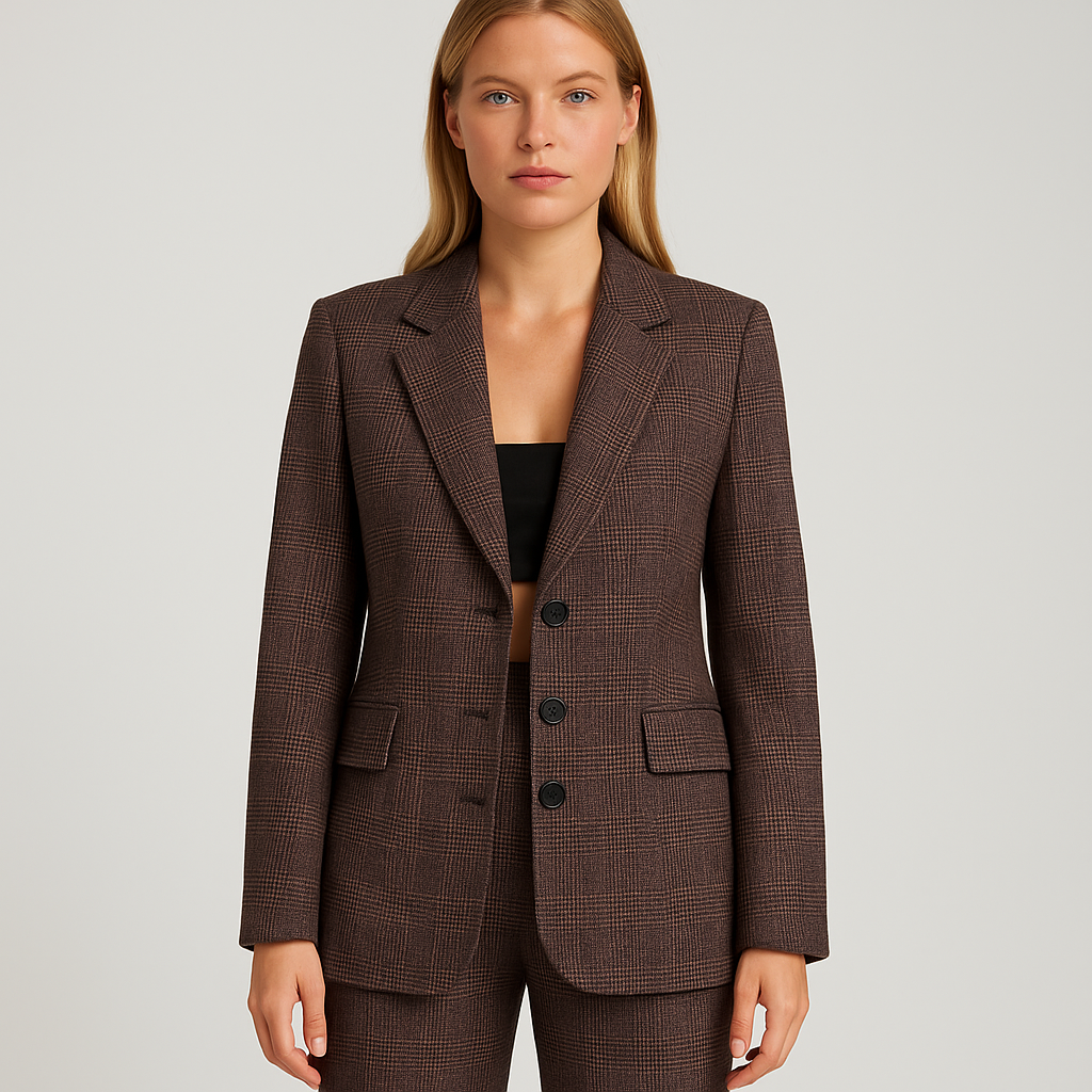 A checked blazer with long sleeves, a notched lapel neckline, front flap pockets, and button closure.