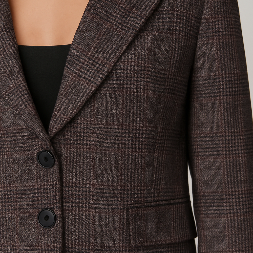 A checked blazer with long sleeves, a notched lapel neckline, front flap pockets, and button closure.