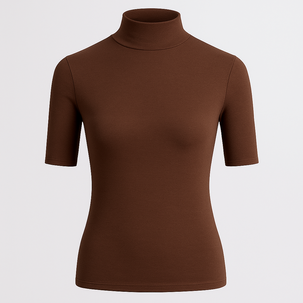 fitted turtleneck top with elbow-length sleeves