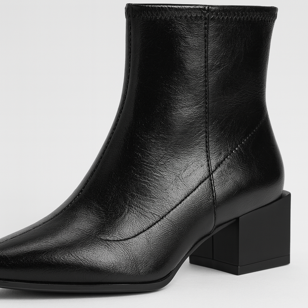 A pair of sleek ankle boots with pointed toes and low block heels. The boots have a glossy leather finish and a slim, fitted silhouette that hugs the ankle, creating a modern and elegant look.