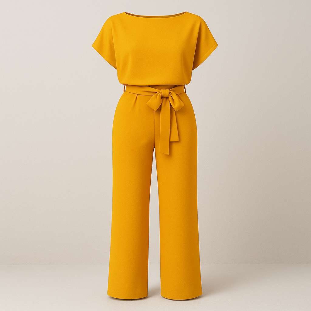 A short-sleeve jumpsuit featuring a boat neckline, a wide fabric belt tied in a bow at the waist, and straight-leg pants for a modern, minimalist silhouette.