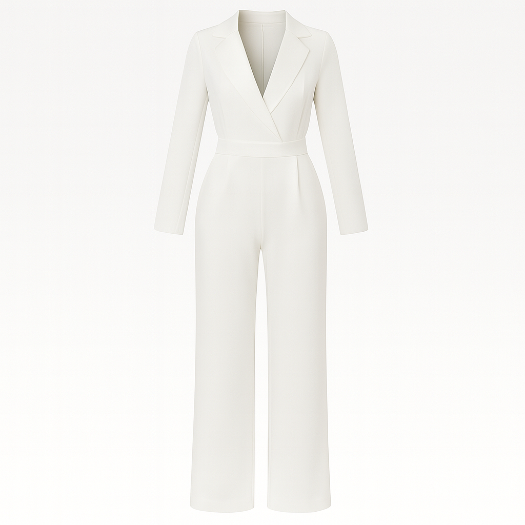 A tailored jumpsuit with a deep V-neckline, long sleeves, fitted waist, and wide-leg pants.