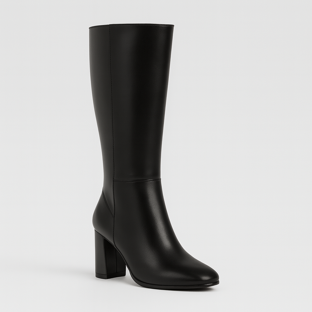 A pair of tall, leather boots with rounded toes and block heels. The boots have a sleek, smooth finish with minimal stitching and extend up to just below the knee, featuring a clean, modern design suitable for both casual and formal outfits.