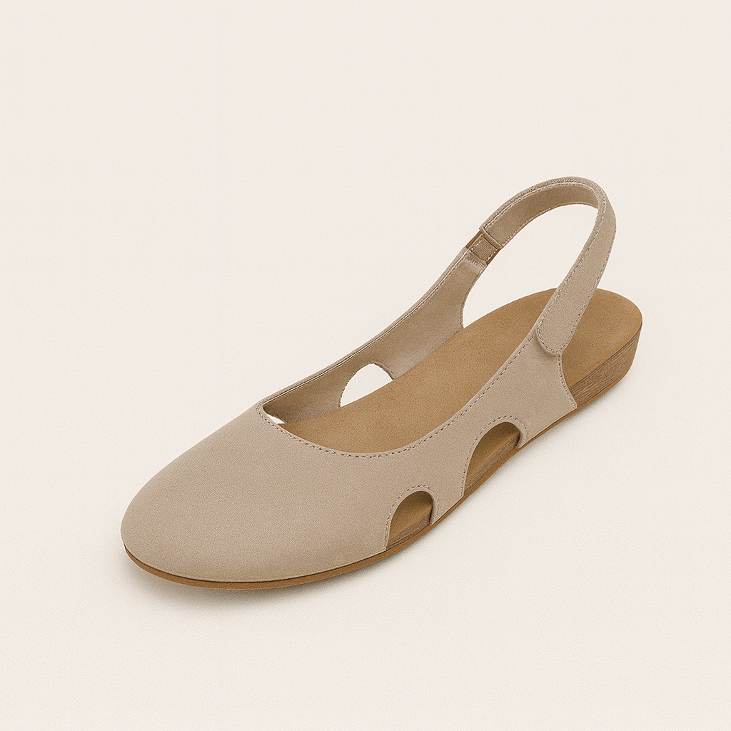 Slingback flats with rounded toe, cushioned insole, and side cutout details, styled for versatile everyday wear
