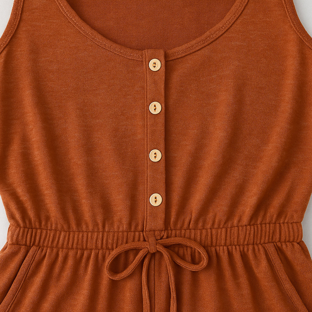 Sleeveless romper with scoop neckline, front button placket, elastic waistband with drawstring, and side pockets.