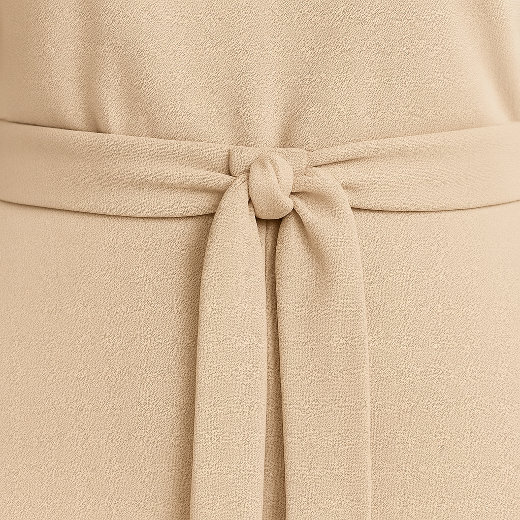 Jumpsuit with boat neckline, tie waist detail, short sleeves, and wide-leg cut, styled for polished all-day wear