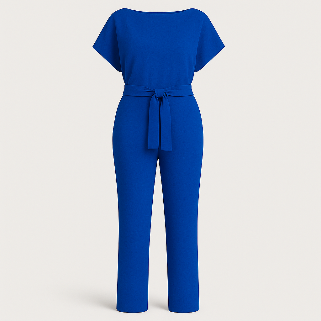 Jumpsuit with boat neckline, tie waist detail, short sleeves, and wide-leg cut, styled for polished all-day wear