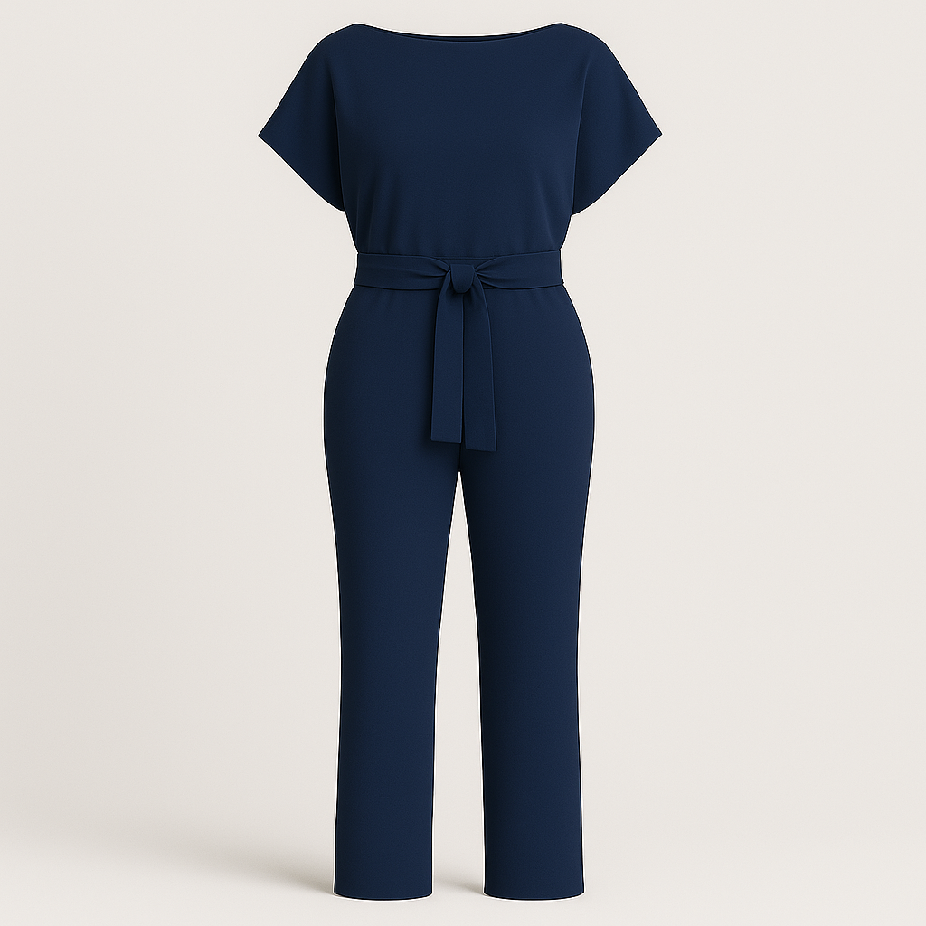 Jumpsuit with boat neckline, tie waist detail, short sleeves, and wide-leg cut, styled for polished all-day wear