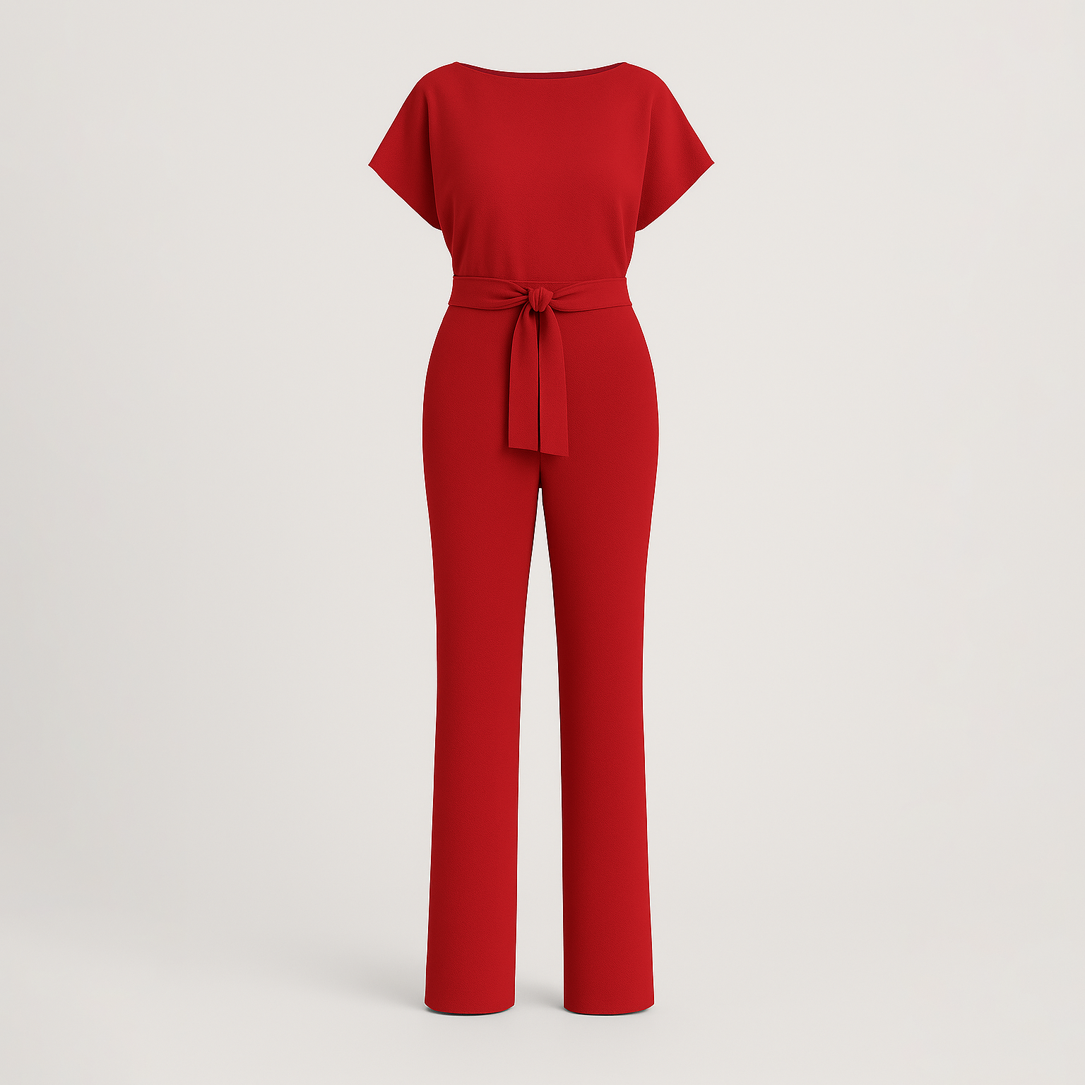 Jumpsuit with boat neckline, tie waist detail, short sleeves, and wide-leg cut, styled for polished all-day wear