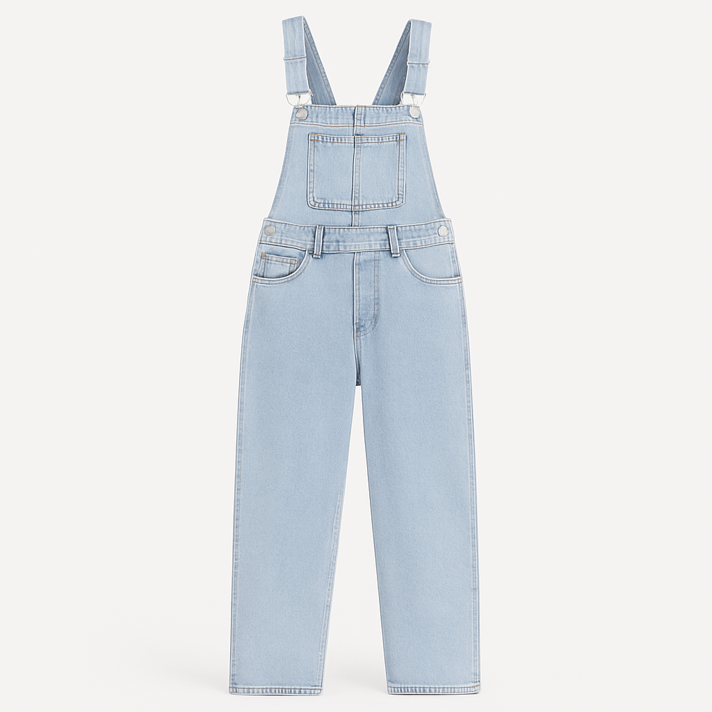 A pair of classic denim overalls featuring adjustable shoulder straps with metal buckles, a front chest pocket, side buttons, and two front hip pockets. The design has a relaxed straight-leg fit for a casual, timeless look.
