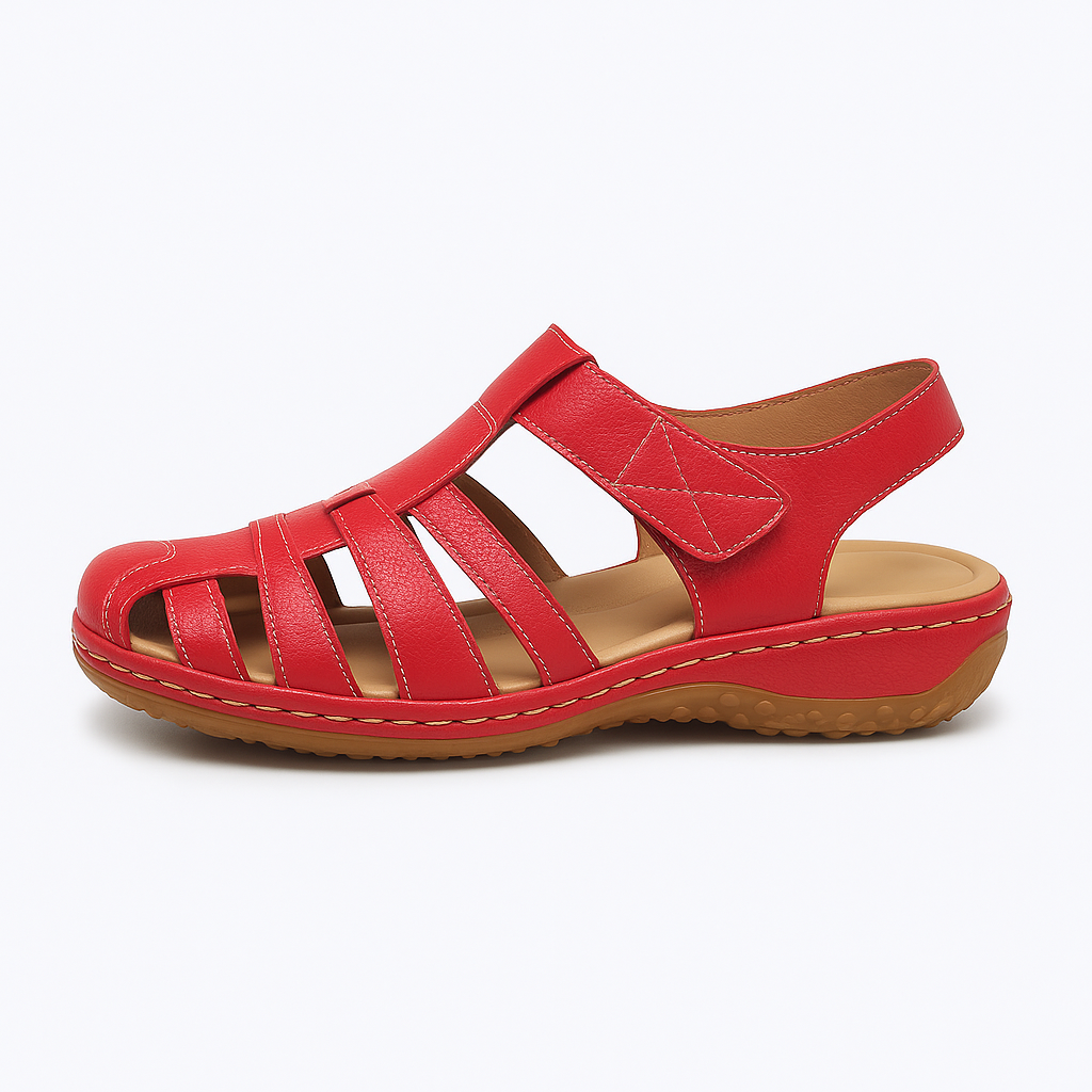 Slingback sandal with closed toe design, multiple cutout straps, and cushioned sole.